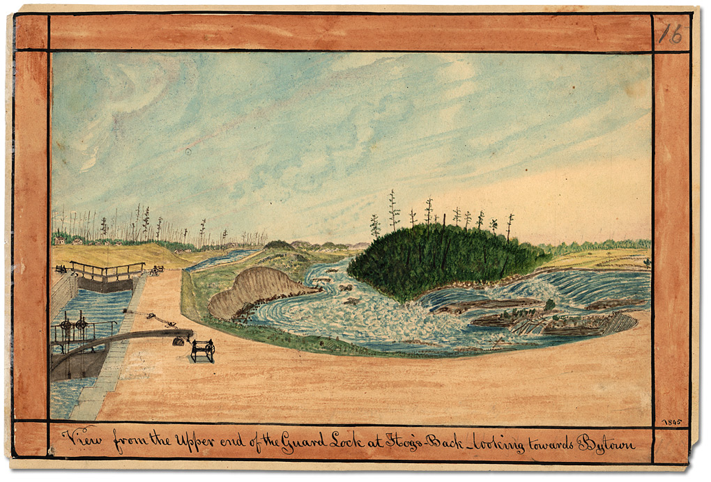 Watercolour: View from the Upper end of the Guard Lock at Hog’s Back; looking towards Bytown, 1845