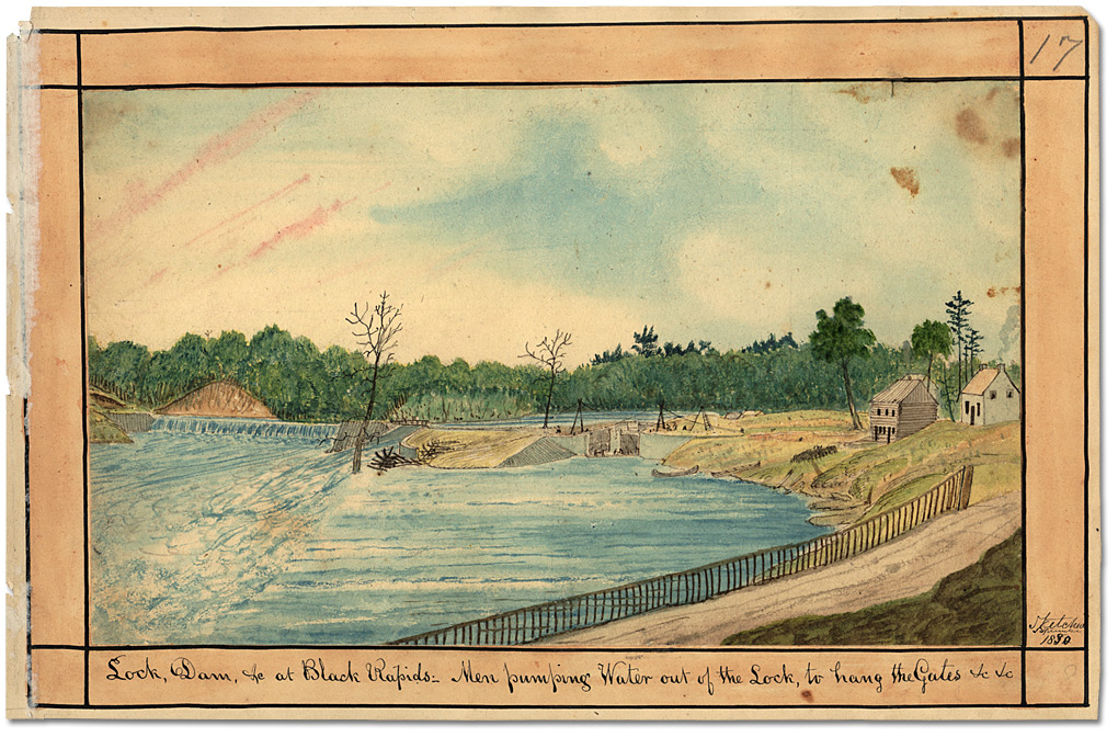 Watercolour: Lock, Dam, &c at the Black Rapids – Men pumping Water out of the Lock, to hang the Gates &c, 1830