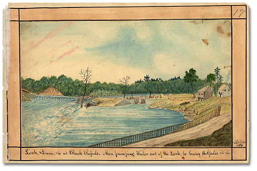 Watercolour: Lock, Dam, &c at the Black Rapids – Men pumping Water out of the Lock,to hang the Gates &c, 1830 