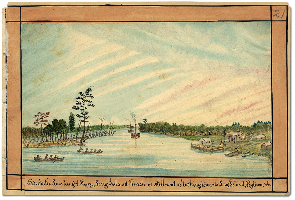 Watercolour: Beckett’s Landing & Ferry, Long Island Reach or stillwater, looking towards Long Island, Bytown, &c, 1835