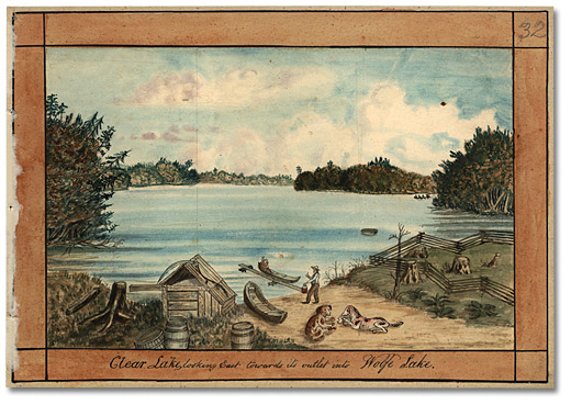 Watercolour: Clear Lake looking east towards its outlet into Wolfe Lake, 1835
