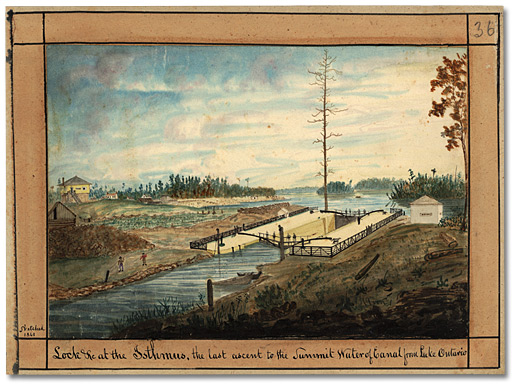Aquarelle: Lock &c at the Istmus, the last ascent to the Summit Water of Canal from Lake Ontario, 1841