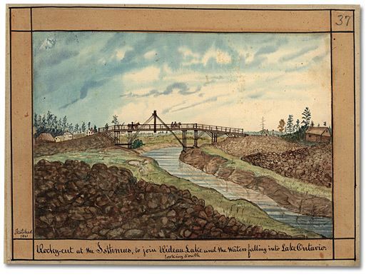 Watercolour: Rocky cut at the Isthmus,to join Rideau Lake and the Waters falling into Lake Ontario, looking South, 1841