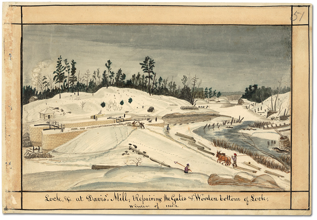 Watercolour: Lock, &c at Davis’s Mill; Repairing the Gates & Wooden bottom of Lock; winter of 1843-4, 1843