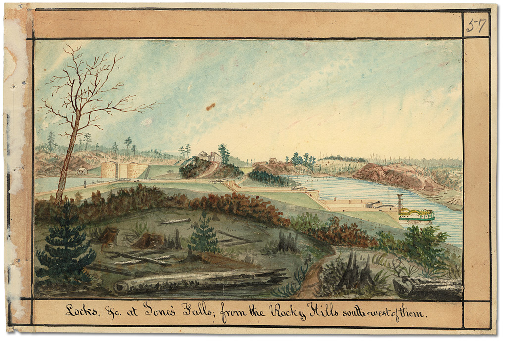 Watercolour: Locks, &c at Jones’ Falls; from the Rocky Hills south-west of them, [ca. 1835]