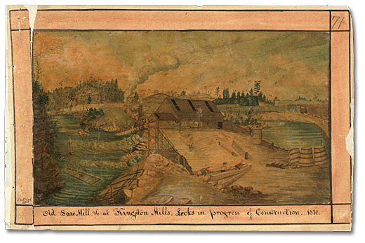 Aquarelle : Locks under construction, at the Saw Mill at Kingston Mills, 1830