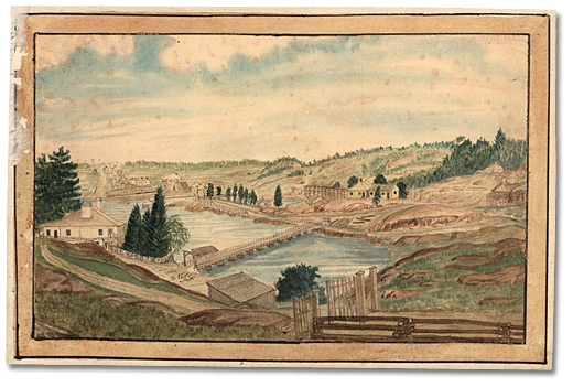 Aquarelle: Kingston Mills; showing home of Captain Thomas Burrowes, 1856