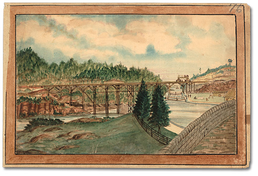 Watercolour: Building of the Grand Trunk Railway Bridge at Kingston Mills, [ca. 1856]