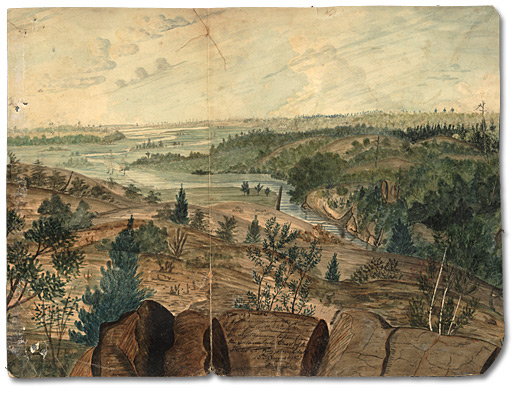 Aquarelle: View of the Great Cataraqui Bay or South Entrance of the Rideau Canal with Kingston in the distance – taken from the Mountain East of the Locks at Kingston Mills, 1830