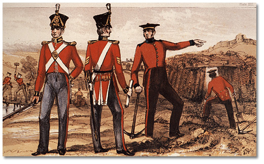 Lithograph: Royal Sappers & Miners, Uniforms and Working Dress, 1825