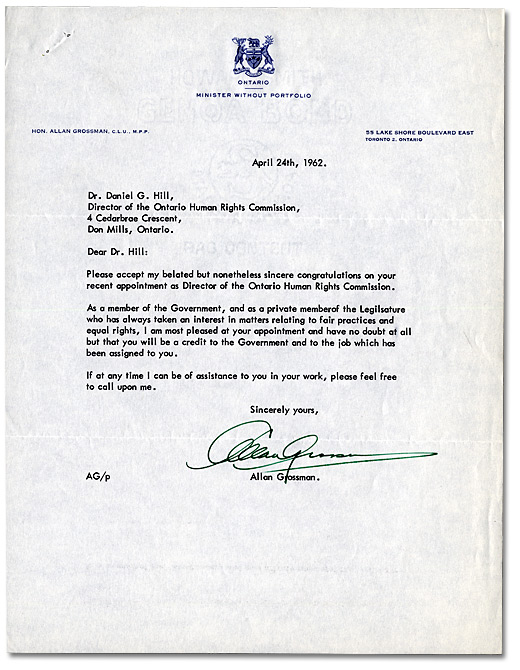 Letter from Allan Grossman to Daniel G. Hill, April 24, 1962