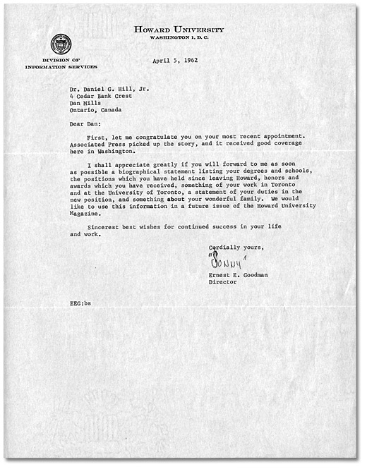 Letter from Ernest E. Goodman to Daniel G. Hill, April 5, 1962