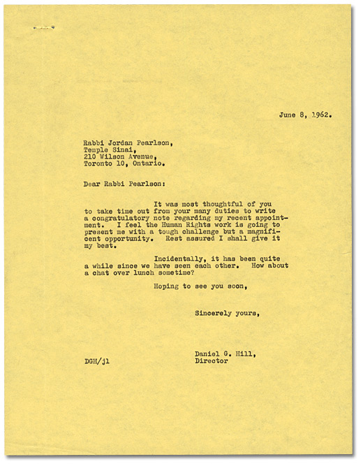 Lettre au Rabbin Jordan Pearlson de Daniel G. Hill, 8 juin, 1962