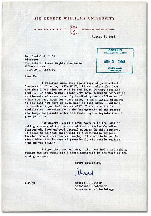 Letter from Harold H. Potter to Daniel G. Hill, August 8, 1963