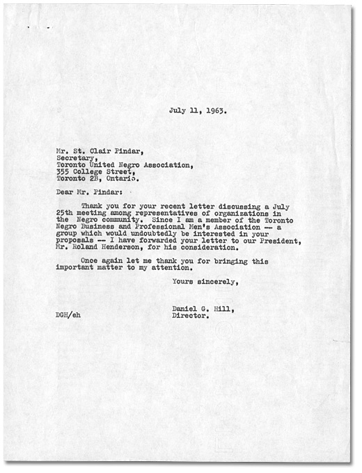Letter to St. Clair Pindar of the Toronto United Negro Association from Daniel G. Hill, July 11, 1963