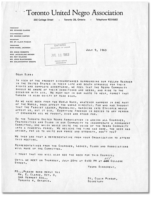 Lettre de St. Clair Pindar de la Toronto United Negro Association à Daniel G. Hill et autres, 9 juillet, 1963