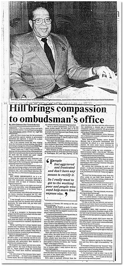 Coupure du Windsor Star, “Hill brings compassion to ombudsman’s office”, 19 janvier 1985