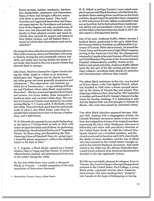 Discours de Daniel G.  Hill á la Black History Conference, <br>
                    "Black History in Early Toronto", 18  février, 1978, Page 13