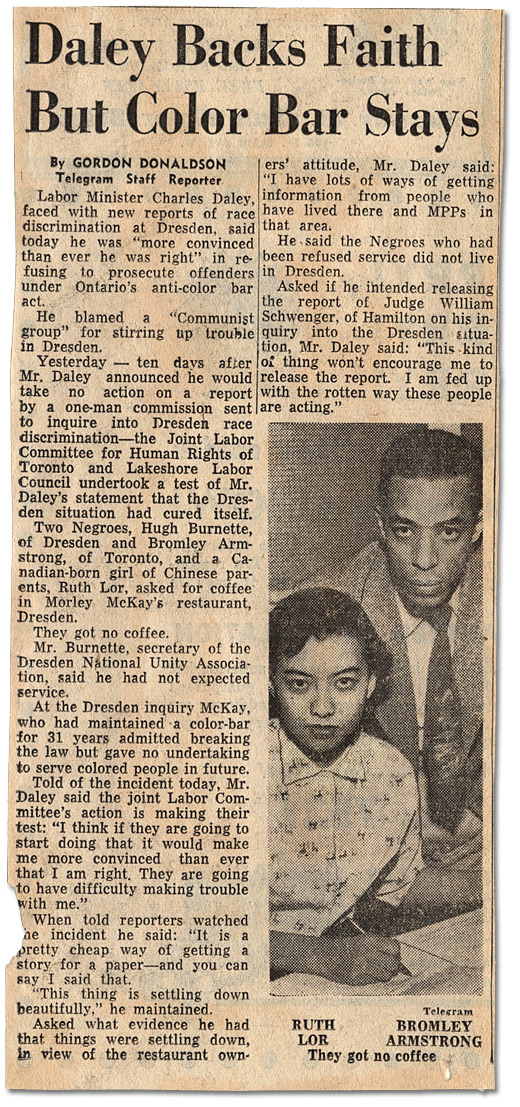 Clipping from the Toronto Telegram, "Daley Backs Faith But Color Bar Stays", October 30, 1954