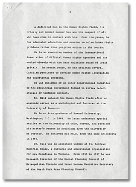 Ontario Ministry of Labour news release, “Daniel Hill, Chairman, Ontario Human Rights Commission to Resign to Return to Teaching”, September 10, 1973, Page 2