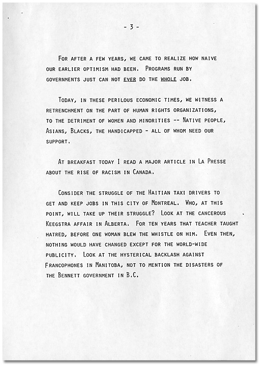 Discours de Donna Hill acceptant le prix du<br> 
Congrès du travail du Canada pour services<br> exceptionnels à l'humanité, 30 mai 1984, Page 3
