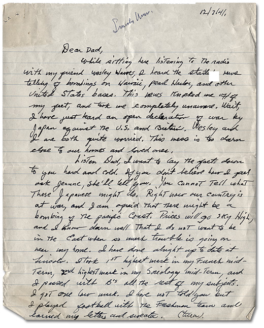 Lettre de Daniel G. Hill à son père, le 7 décembre, 1941, Page 1