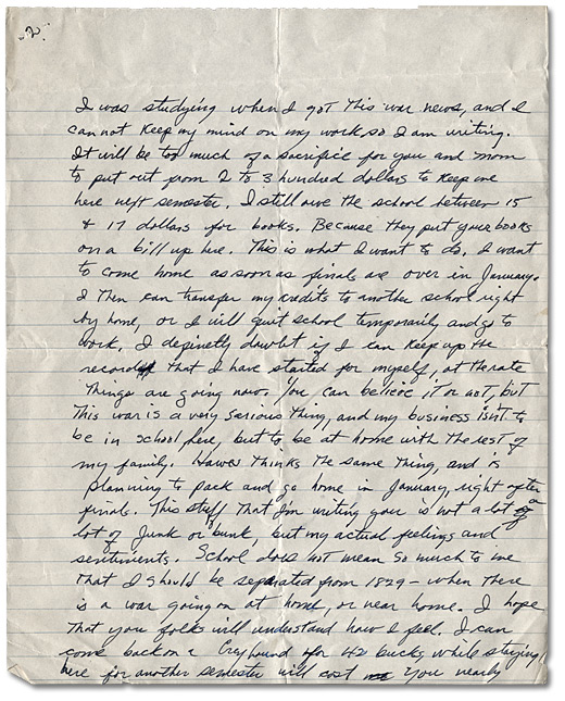 Lettre de Daniel G.  Hill à son père,  le 7 décembre, 1941, Page 2