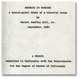 Page titre de la thèse de doctorat de Daniel G. Hill, Negroes in Toronto: A Sociological Study of a Minority Group, September 1960