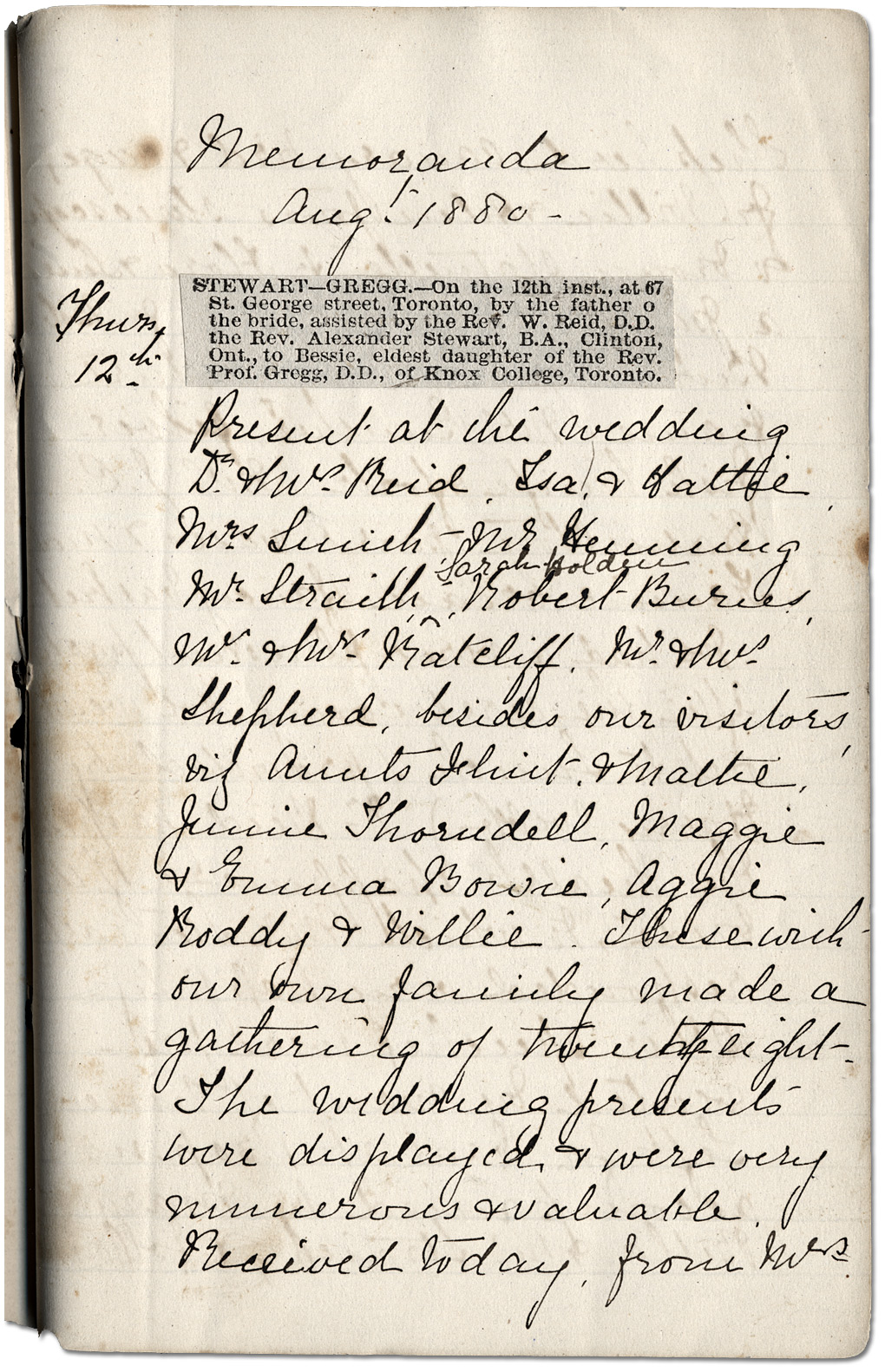 Bessie Stewart's First Diary Entry, 1880