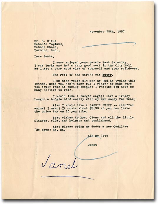 Letter to Santa, November 25, 1957