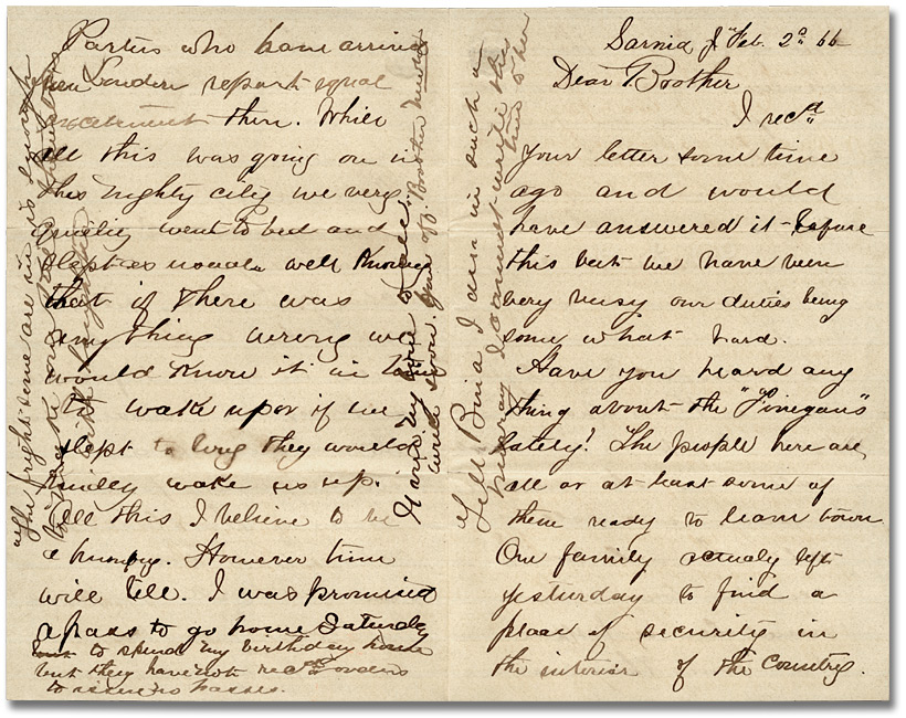 Lettre de Newton Wolverton, de Sarnia, en Ontario, à son frère Alonzo Wolverton, à Wolverton, en Ontario, le 2 février 1866  - Pages 1 et 4