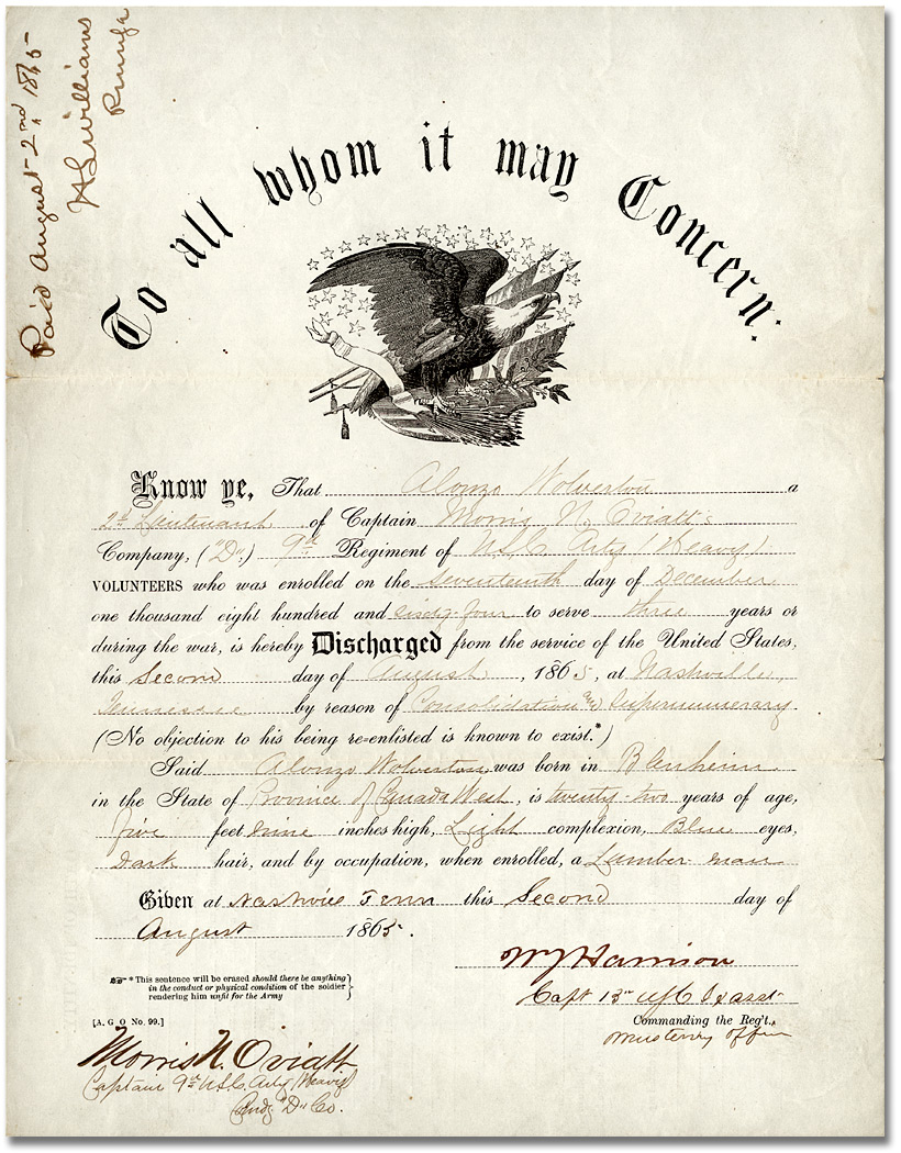 Certificat de démobilisation d’Alonzo Wolverton, 1865