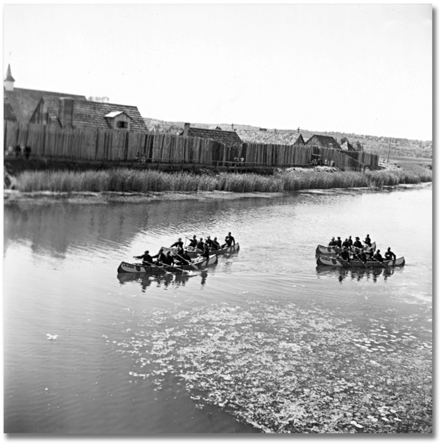 Photographie : Canots sur la Wye, passant près de Sainte-Marie-au-pays-des-Hurons, 1968