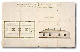 Dessin : Plan of elevation for a building for the reception of Indians at Détroit submitted to His Excellency Lieutenant Governor Simcoe, [vers 1790]