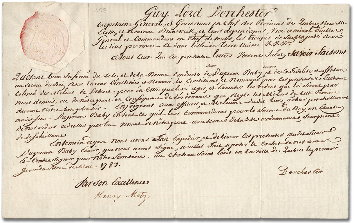Certificat d'attribution du rang de capitaine de milice à Jacques Duperon, 1788
