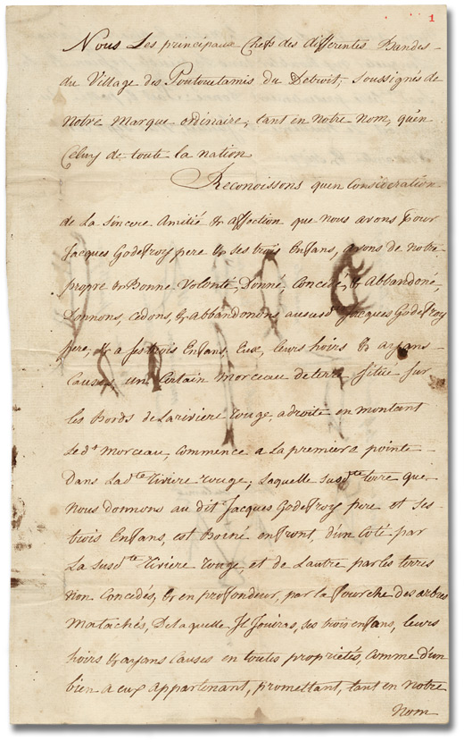Land deed, Pottawatomi Nation to Jacques Godefroy, 1776 - Page 1