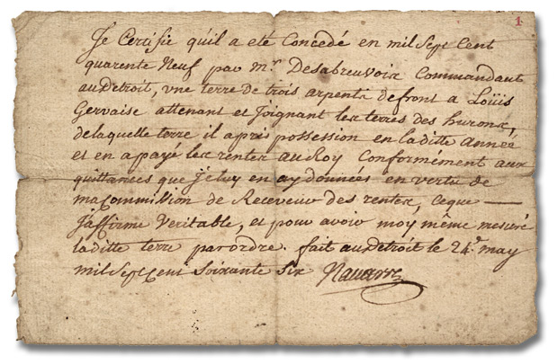 Land certificate, Robert Navarre to Louis Gervais, 1766
