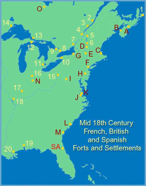 Map: Mid 18th Century French, British and Spanish Forts and Settlement 