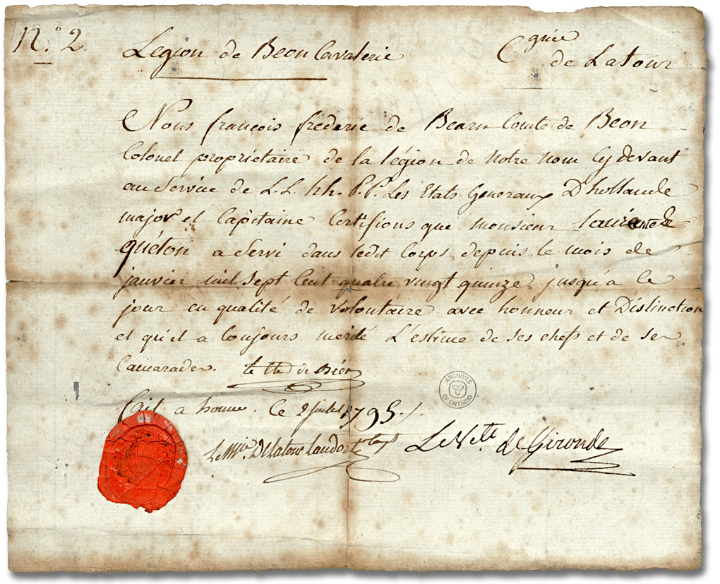 Certificat de service dans l'armée royaliste française, Laurent Quetton St. George, 1798