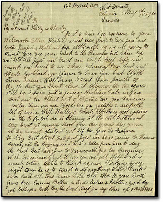 Lettre datée du 18 mai 1916, d'Emily Gray à ses fils Wally et Charlie
