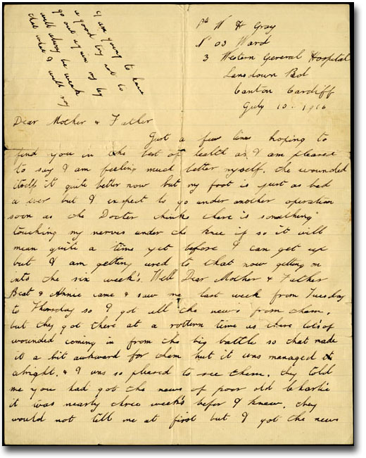 Letter dated July 10, 1916, from Wally Gray to his parents Alfred and Emily, Page 1