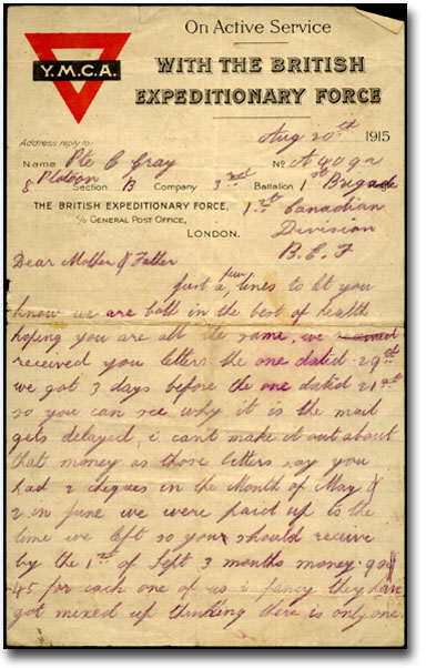 Letter dated August 20, 1915, from Charlie Gray to his parents Alfred and Emily, Page 1
