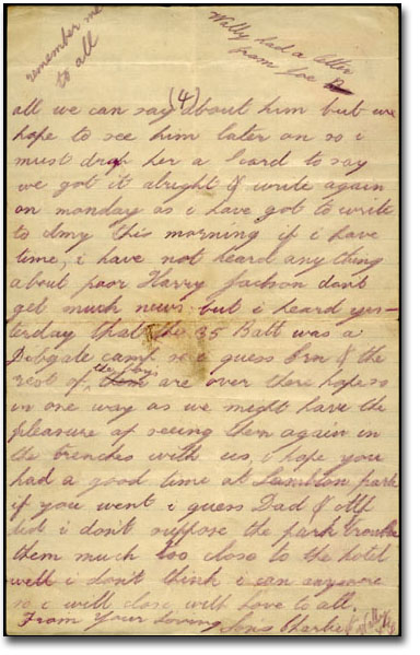 Letter dated August 20, 1915, from Charlie Gray to his parents Alfred and Emily, Page 4