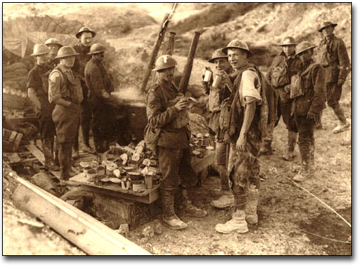 Photo: A Canadian soldier drinking hot coffee 100 yards from the German lines at Hill 70, [ca. 1918]
