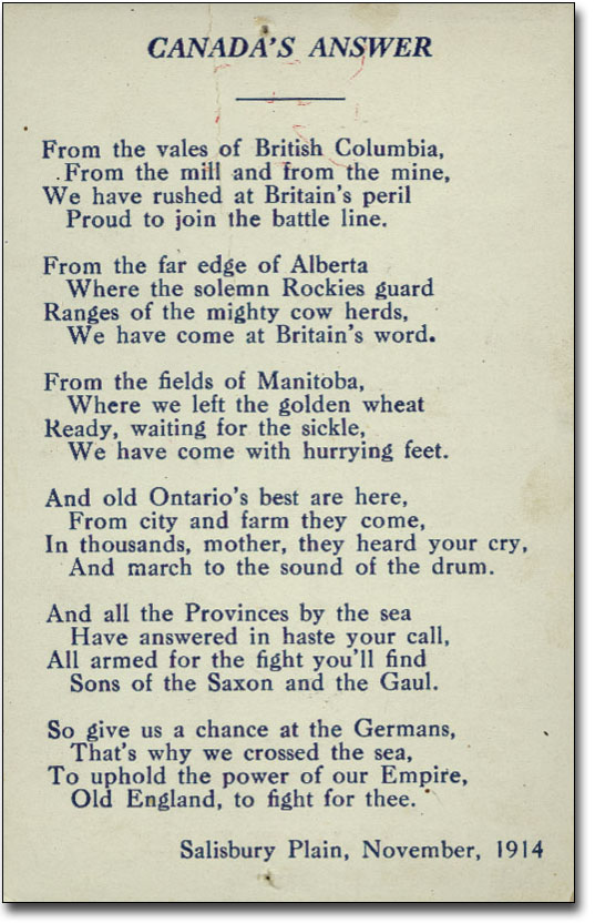 Canada's Answer - a poem - [voter card, Dominion election, December 17, 1917]
