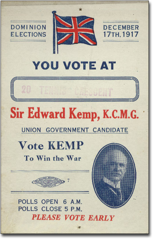 Vote Kemp to win the war - [PublicitÃ© Ã©lectorale, Ã©lections fÃ©dÃ©rale, 17 dÃ©cembre 1917]
