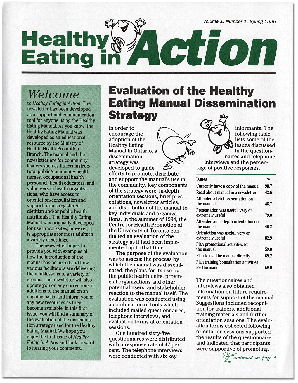 Health Eating in Action. Volume 1, numéro 1, printemps 1995 [page couverture]