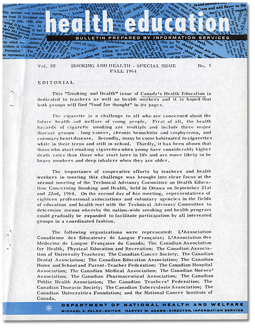 Bulletin d’information sur l’éducation à la santé, Numéro spécial sur le tabagisme et la santé, automne 1964, Page 1