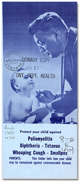 Dépliant, page couverture : Protect your child against poliomeylites, diphtheria, tetanus, whooping cough, smallpox, 1959