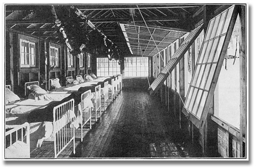 Photo: Interior view of Kendall Pavilion of the Muskoka Cottage Sanatorium, showing arrangement of glass front. Illustration from The Muskoka Cottage Sanatorium [pamphlet], [ca. 1928]